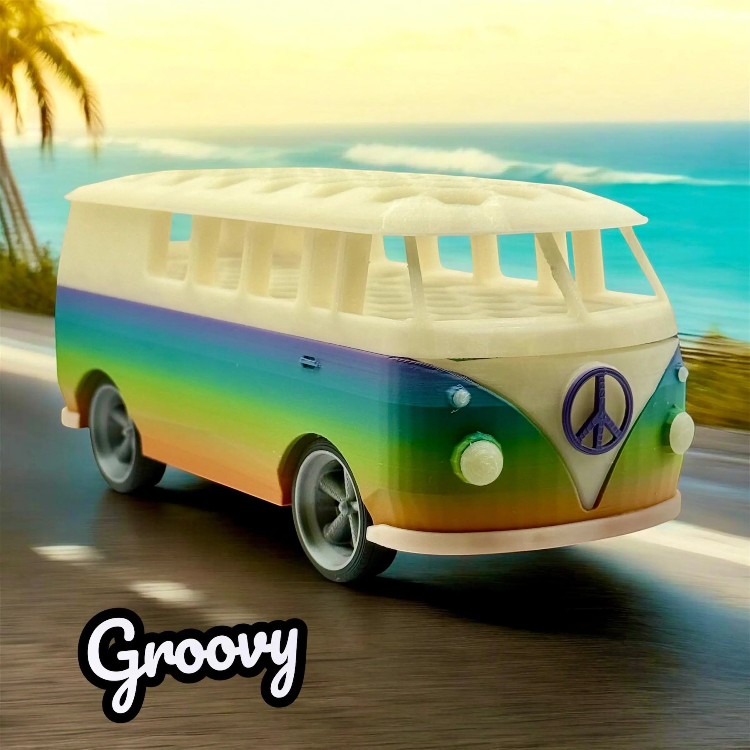 A Little Corner Jax multi-color 3D printed groovy bus marker and pen holder with 45 slots, made from PLA.