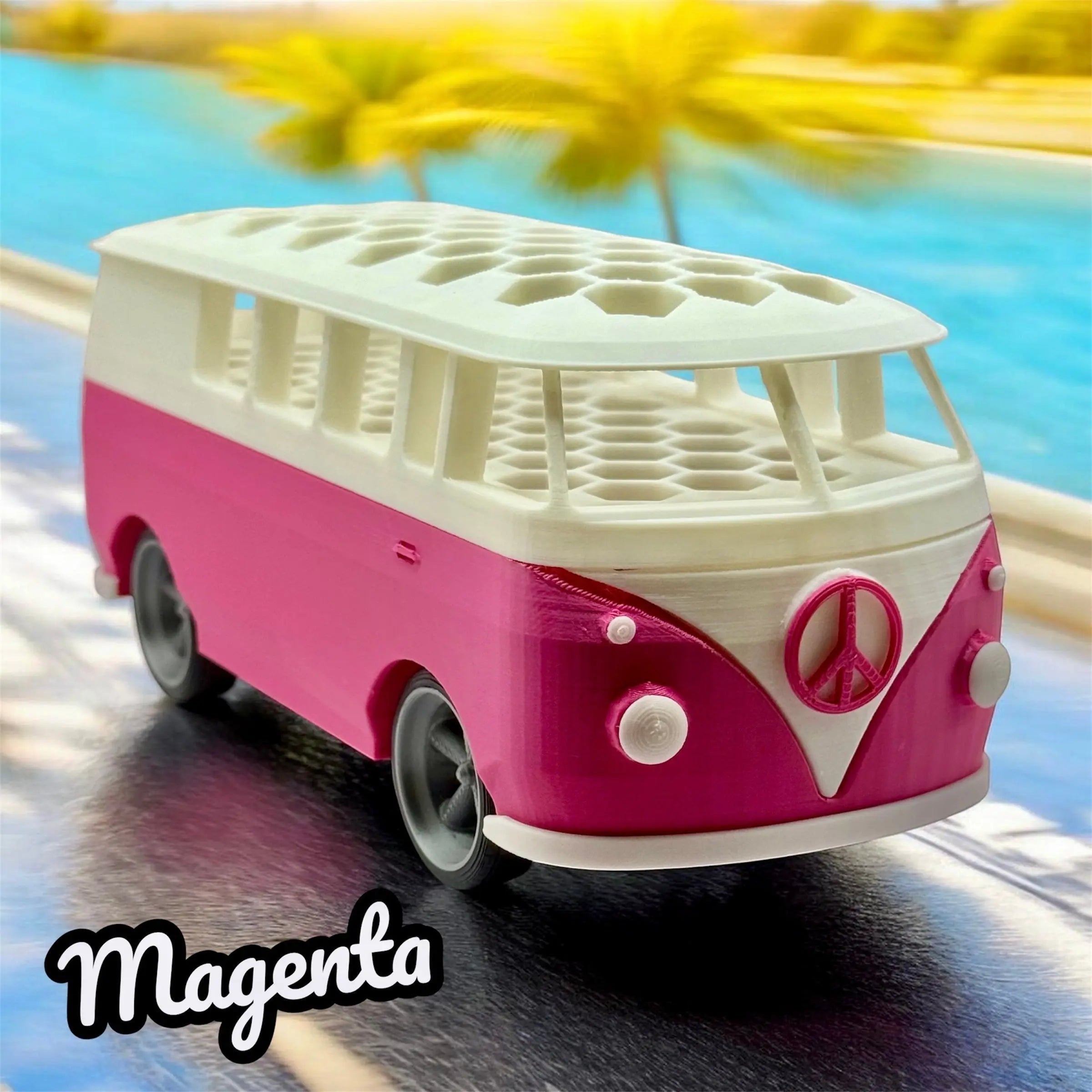 A Little Corner Jax magenta and white 3D printed groovy bus marker and pen holder with 45 slots.