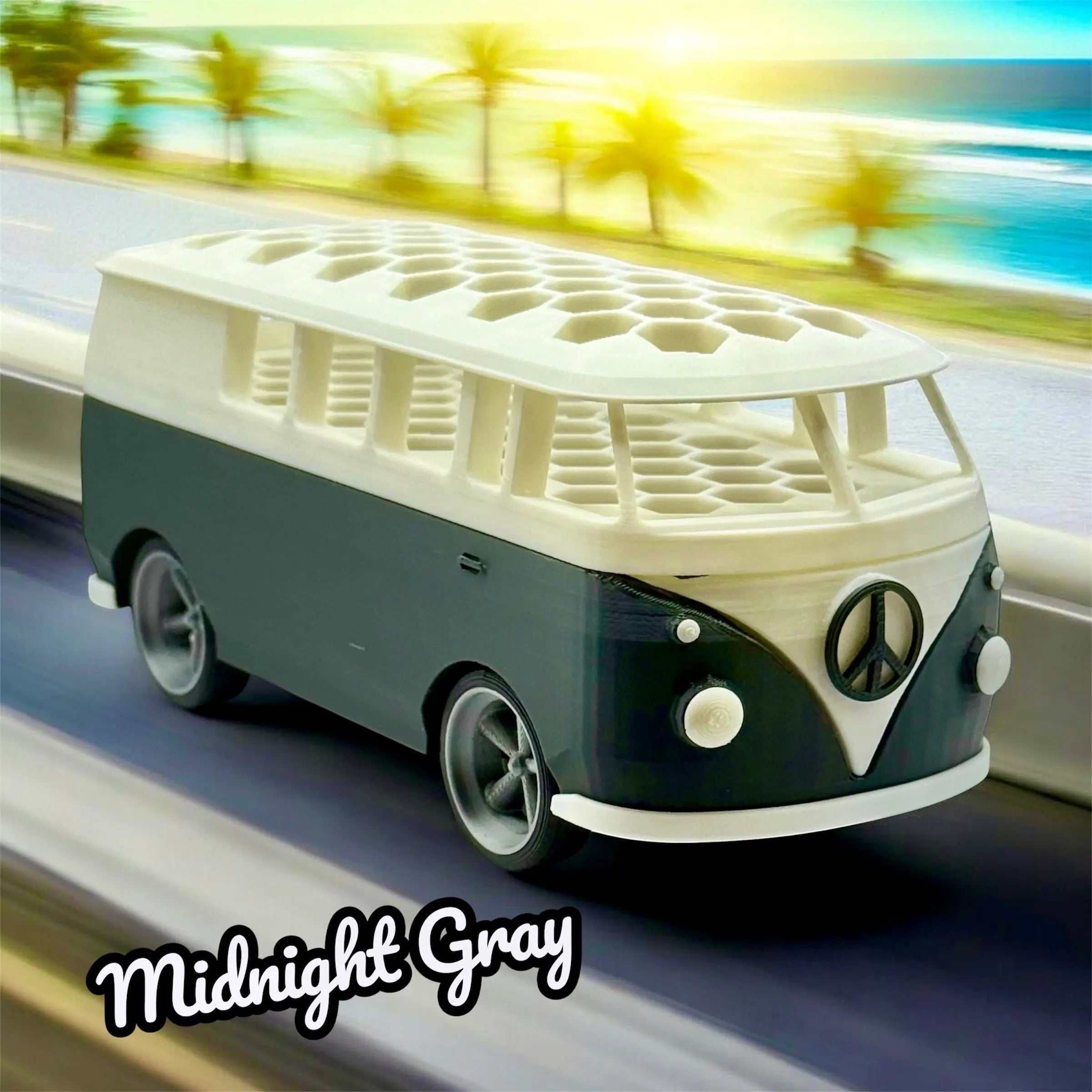 A Little Corner Jax midnight gray and cream 3D printed groovy bus marker and pen holder with 45 slots.