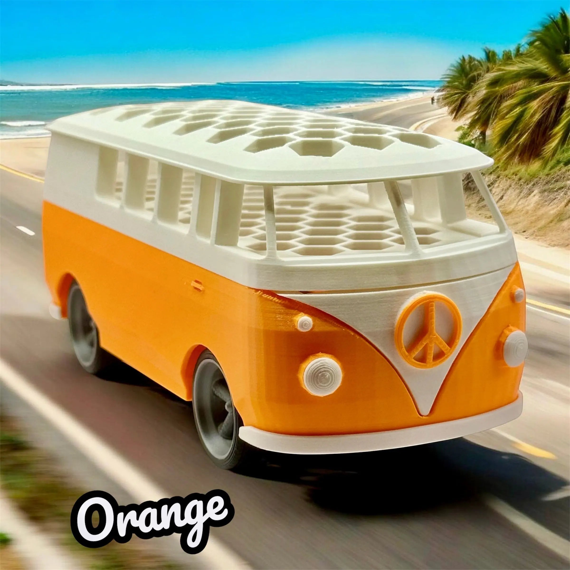 A Little Corner Jax orange and white 3D printed groovy bus marker and pen holder with 45 slots.